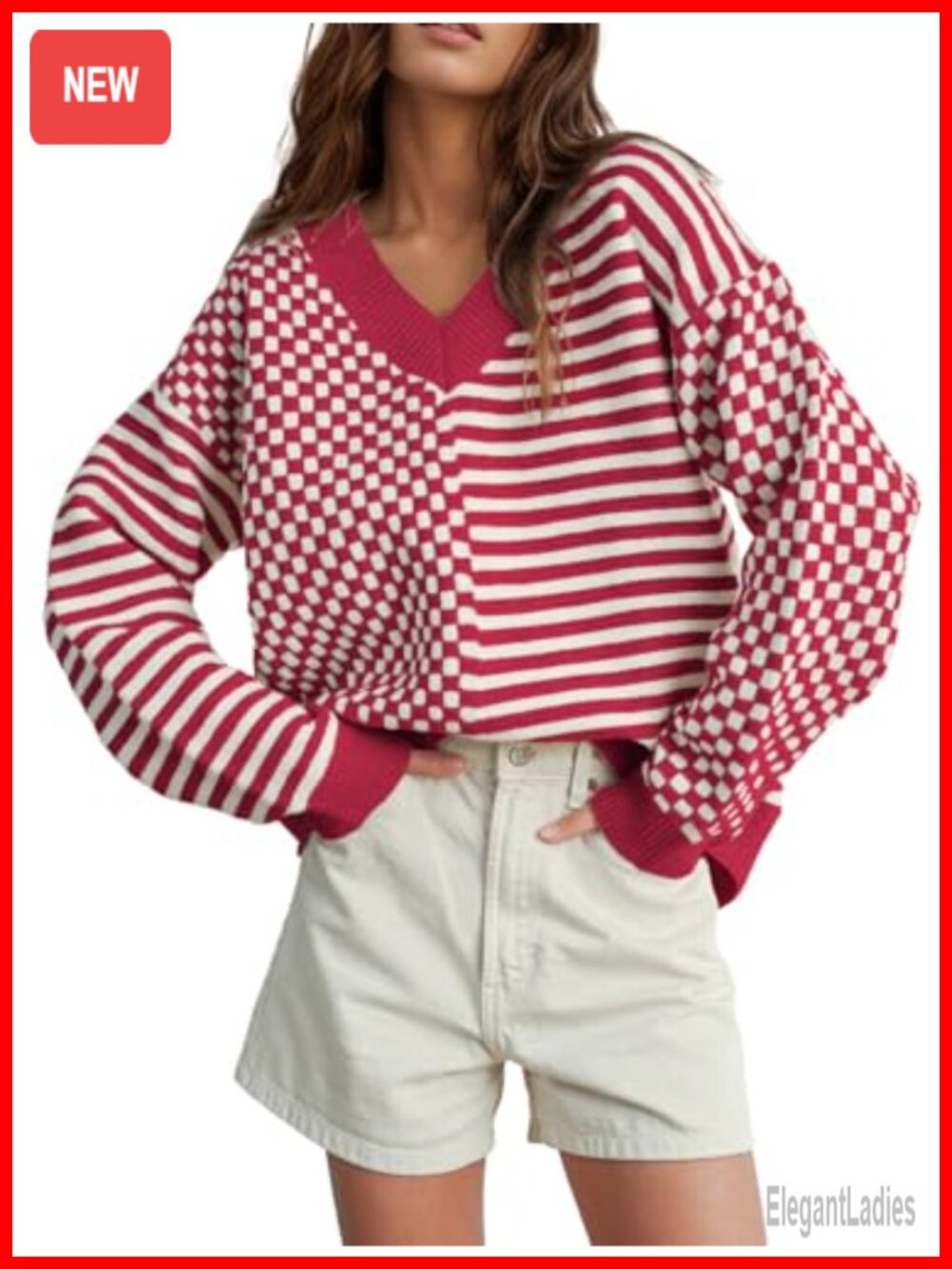 Striped Checkered V Neck Pullover Sweater Loose Drop Shoulder
